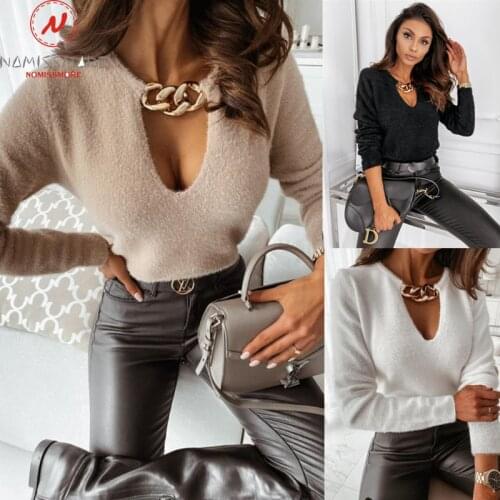 Sexy Women Autumn Winter Soft Warm Plush T-Shirts Chain Decor V-Neck Long Sleeve Solid Color Slim Pullovers Top for Streetwear