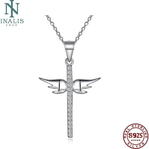 INALIS 925 Sterling Silver Necklaces Inlaid Zircon Angel Wings Cross Pendant Necklace For Women Fashion Jewelry Birthday Gift
