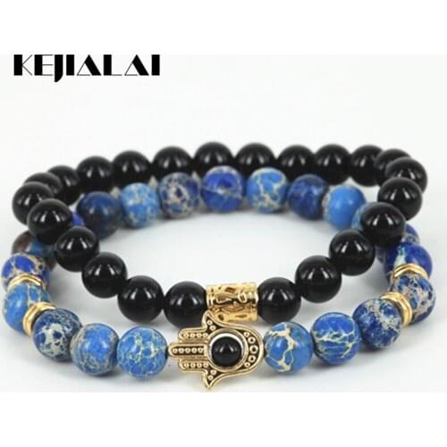 KEJIALAI 2pcs Natural /Regalite Round Stone Beads Men Fashion Bracelet Beaded Hamsa Hand Women Bracelet Bracelets A0581