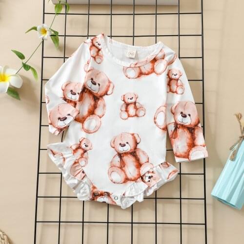 Lovely Newborn Baby Rompers Cartoon Bear Print Long Sleeve Crew Neck Ruffle Bodysuits Toddler Infant Casual Home Wear Clothes
