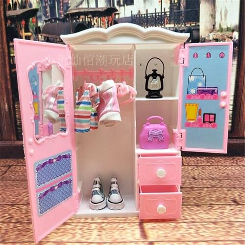 23cm doll dreamy European style wardrobe closet dress up doll large storage cabinet play house toy pink hanger
