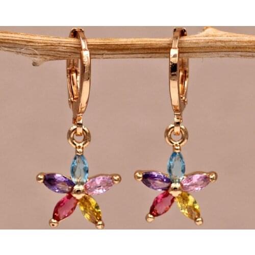 Trendy Gold Copper Dangle Drop Flower Earrings Blue Zirconia Stone For Women Girls Fashion Jewelry Accessories Wedding Gift