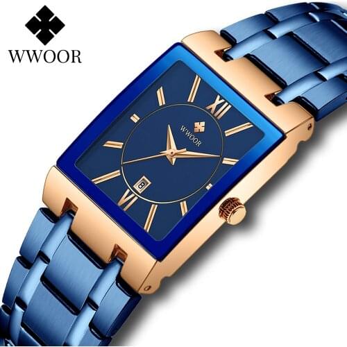 WWOOR New Blue Full Steel Watch Men with Automatic Date Luxury Business Square Quartz Analog Waterproof Wrist Watch Reloj Hombre