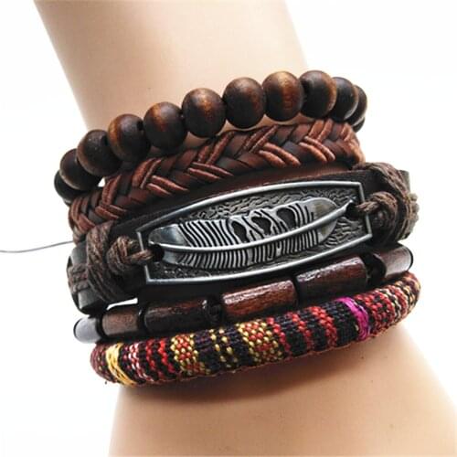 Feather Green Peace Brown Wood Beads Charm Handmade Men Leather Bracelets Women Vintage Bangle Male Homme Jewelry Accessories