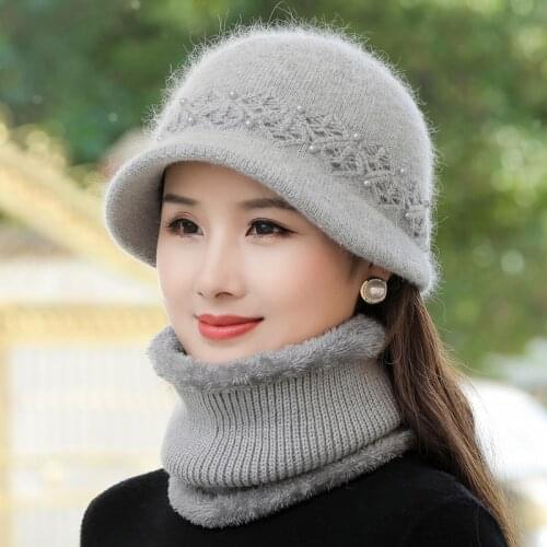 New Women Winter Hat Keep Warm Cap Add Fur Lined Hat & Scarf Set Fashion Hats For Women Casual Rabbit Fur Knitted Bucket Hat