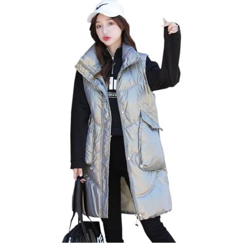 New Long Winter Coats Sleeveless Women Vest Thick Warm Cotton Padded Jacket Fashion Vest Solid Stand Collar Female Waistcoat2021