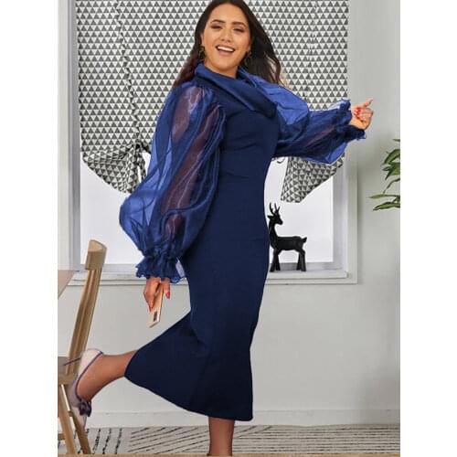 O Neck Mesh Long Sleeve Dresses Pluse Size Women Office Wear Bodycon High Elastic Waist Evening Birthday Party Robes for Ladies