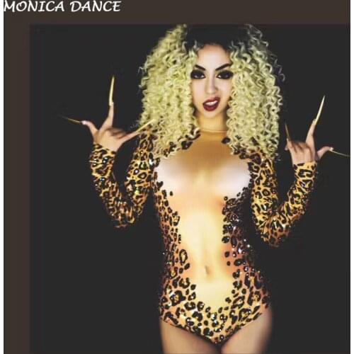 Sexy Leopard Print Bodysuit Rhinestones Costumes bodysuit Nightclub for DJ Dancer Singer Stage Wear Costume Women Sexy Clothed