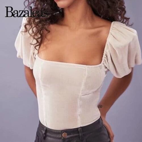 Bazaleas Chic Short Sleeve Ropa Mujer Fashion Velvet White Blouse Women Harajuku Vintage Square Collar Blouse