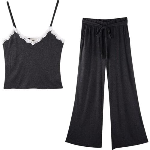 Solid Lace Patchwork Womens Pajamas Sets V-neck Camis Tops Drawstring Pocket Long Loose Pants Summer Spring Sleepwear Pajamas