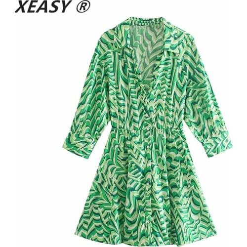XEASY Women 2021 Vintage Green Geometric Print Pleats Shirt Dress Female Chic Single Breasted Casual Business Mujer Vestidos