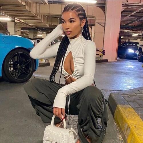 2021 Autumn Sexy Blouse Shirts Women Long Sleeve Turtleneck Hollow Out Bandage Tie-up Crop Tops Blouses Female