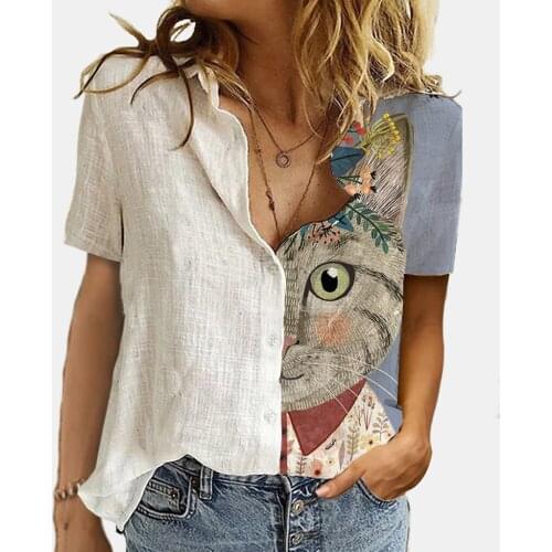 Retro Ladies Summer T-Shirt Patchwork Buttoned Shirt Short-Sleeved Casual Loose Printed T-Shirt Cat T-Shirt Oversized Top 2021
