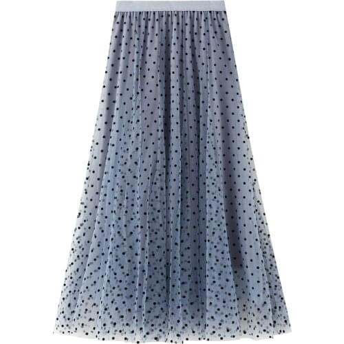 New Polka Dot Tulle Skirt Women Spring Summer Fashion Korean High Waist Pleated Skirts Lady Blue A-Line Midi Mesh Skirt Female