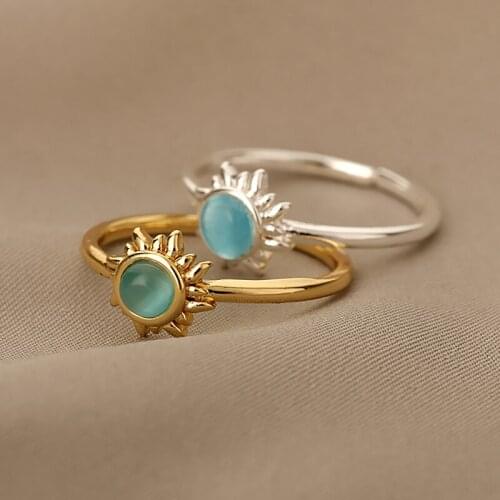 Boho Vintage Sunflower Ring Blue Opal Engagement Wedding Rings For Women Open Cuff Finger Rings Adjustbale Female Jewelry Gift