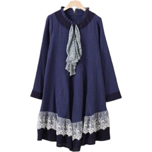 Lace Ruffle Plaid Cotton Linen Crochet Patchwork Hippie Boho Vintage Robe Tunique Femme Vetement Fall Women Autumn Winter Dress