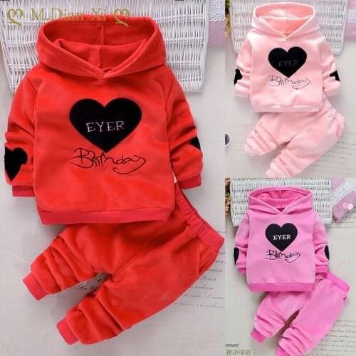 2Pcs Winter New Baby Love Letter Double-sided Velvet Plus Velvet Thick Long-sleeved Hooded Sweater + Elastic Waist Trousers Suit