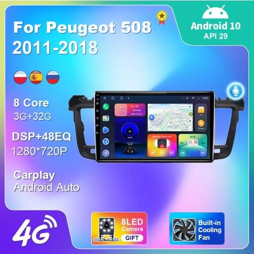 For Peugeot 508 2011-2018 Android 10 Car Radio Auto Carplay Navigation GPS Multimedia Player Stereo No Recorder Reverse Sensor