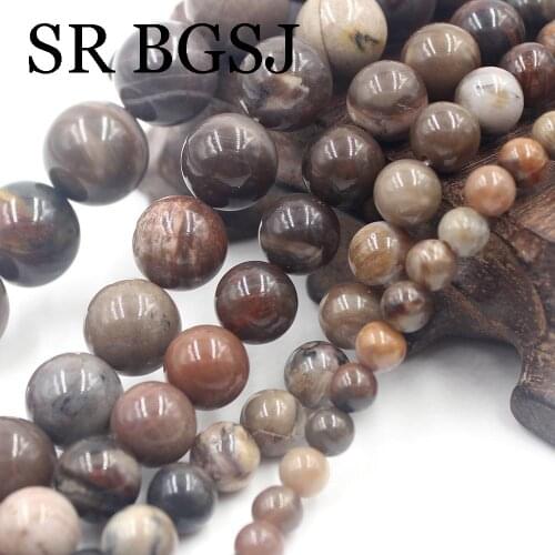 Free Shipping 6 8 10 12 14mm Natural Gems Round Wood Fossil Jaspers Craft Beads Strand 15inch