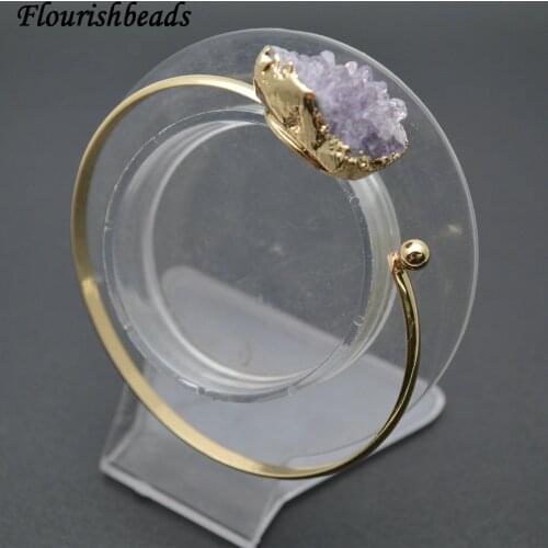 New Design Natural Drusy Amethyst Quartz Rough Stone Gold Color Metal Wire Bangle Cuff Bracelets Fashion Party Jewerly