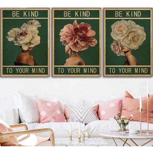 Be Kind To Your Mind Quote Canvas Painting Vintage Flower Girl Pattern Posters Wall Art Decor Living Room Decoration Pictures