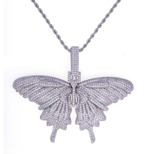 Hip Hop Butterfly Iced Out Pendant Necklace PCCN0314 Rapper Bling Jewelry Cubic Zirconia Pink Sliver