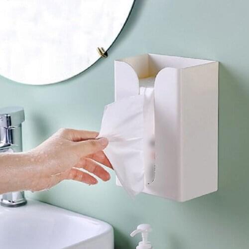 Home Wall-mounted Tissue Box Plastic Wall Hanging Bathroom Tissue Case Holder Paste Type Kitchen Towel Paper Organizer
