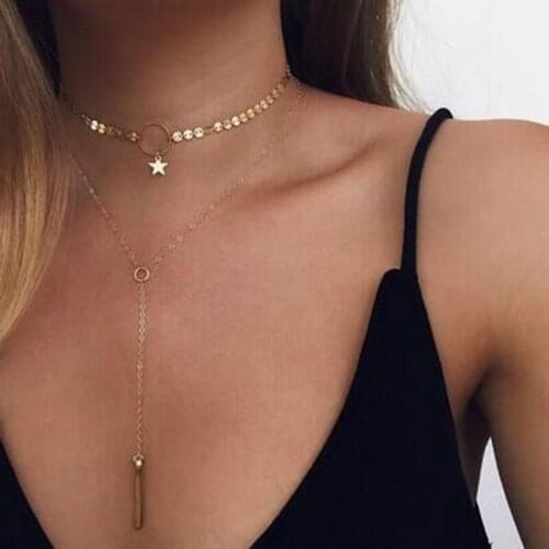 RE Hot Sale Gold Color Sequins Long Tassel Star Choker Necklace Accessories For Women Jewelry Double Layer Chokers D2245
