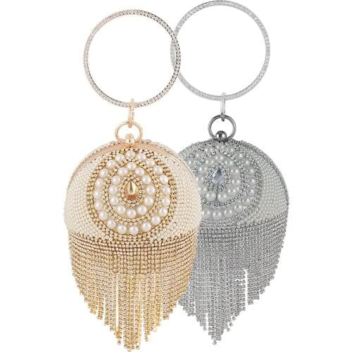 Boutique Elegant Tassels Women Round Bag Ball Purses Crysal Evening Clutch Bags Wedding Party Diamond Wristlets Handbags