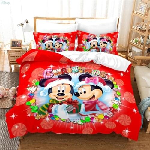 3D Cartoon Mickey Mouse Minnie Mouse Christmas Pattern Bedding Set Twin Full Queen King Size Duvet Cover Pillowcase Home Textile