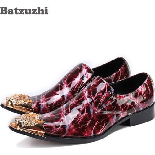 Fahion Men Shoes Pointed Gold Metal Tip Genuine Leather Shoes Men Wine Red Lightning Pattern Rock Men Party and Wedding Shoes