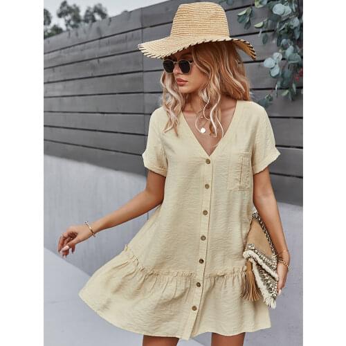 Spring New Solid Short Dress Women 2021 Casual V Neck Single Breasted Summer Dress Ladies Loose A Line Dresses