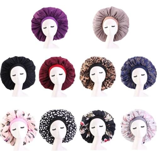 Extra Large Women Satin Night Sleep Cap Hair Bonnet Hat Silk Head Cover Elastic Wide Band Headscarf Nightcap Beanie Hair Care