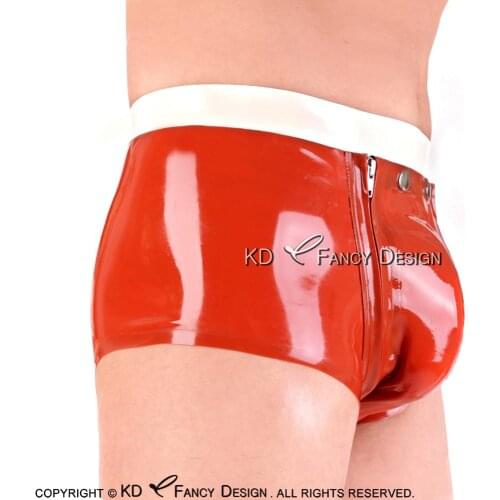Orange And White Sexy Latex Boxer Shorts Open Holes With Front Zippers Buttons Rubber Underpants Underwear Pants DK-0160