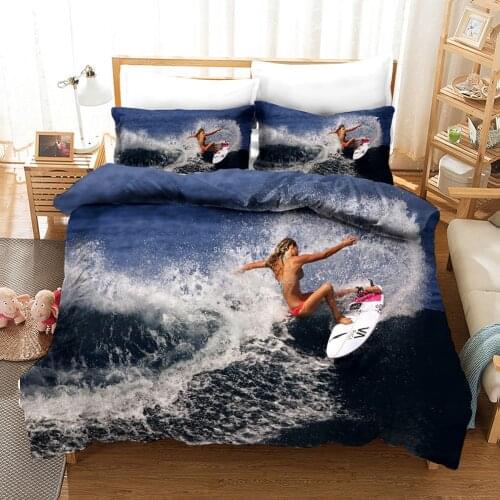 Deluxe Surf Print Down Bedcover Pillowcase Bedding Set Modern Sports Pattern King Queen Size Bedding Cover