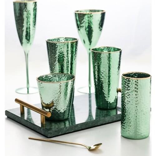 Scandinavian Green Hammered gilt edge wine glass Champagne Cup lead-free glass Goblet Mug Tea Cup Milk Water Cups Drinkware