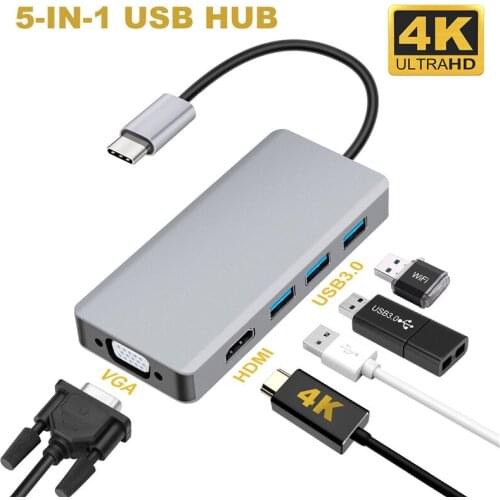 USB C HUB 5-IN-1 cable Type-c to HDMI 4K VGA USB3.0x3 Hub Portable Adapter for Macbook Pro laptop display