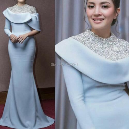 YNQNFS ED6 One Long Sleeve Bridesmaid Dresses 2020 Muslim Abendkleider Dubai Long Sleeve Formal Dress Crystal Mermaid Arabic
