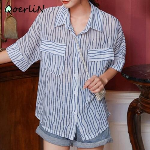Striped Blouse Women Plus Size 2020 Summer New Chic Micro-permeable Ripple Striped Shirt Female Chiffon Top Thin Shirts Sexy