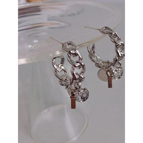 2021 Punk Silver Color Metal Chain C Shape Circle Hoop Earrings Geometric Round Crystal Cross for Women Girls Jewelry