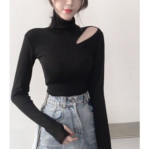Autumn Womens Tops And Blouses Winter New Sexy T-shirt Hollowed Out Bottomed Shirt High Neck Off Shoulder Long Women Tshirt