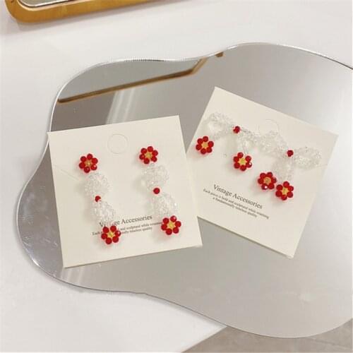 AOMU Vintage Red Transparent Resin Flower Bow Earrings Irregular Geometric Hollow Beaded Drop Earrings for Women Accessories
