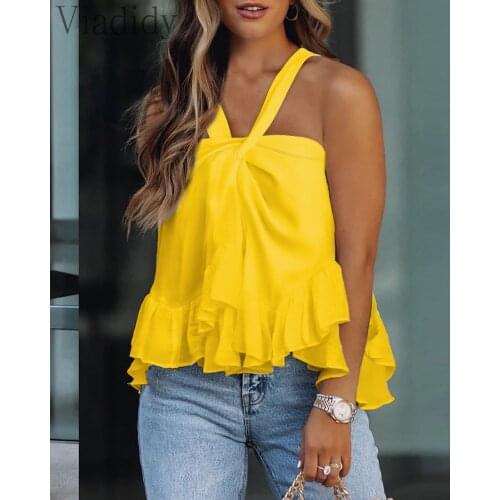 Women Casual Solid Color Halter Ruffles Sleeveless Top