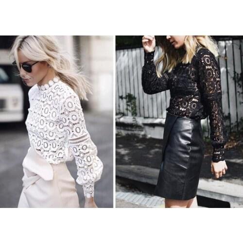 2021 Spring Summer Women Temperament Chiffon Pure Openwork Lace Top Lantern Sleeve Fashion Shirt Bottom