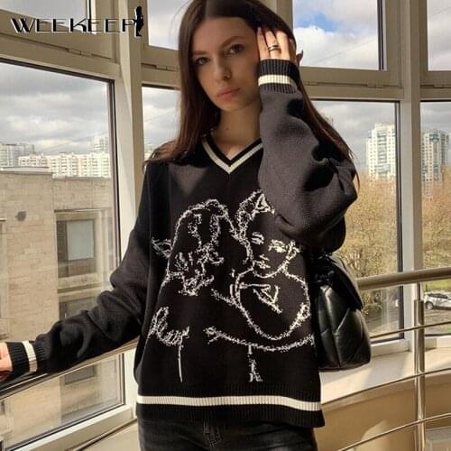Weekeep y2k Angel Print Oversize Sweater Women Long Sleeve Loose Knitted Elegant Jumper Autumn Winter Casual Streetwear Pullover