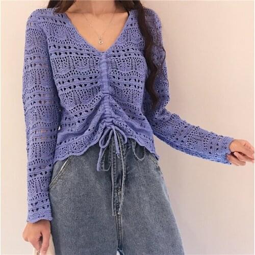 Womens Knittied Cardigan Pure Color Hollow Mesh Fine Thread Drawstring Short Loose V-neck Top Wholesale 2021 Female Clothing