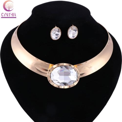 Punk Women Choker Big Crystal Chokers Necklaces Gold Color Metal Torques Collar Maxi Necklace Earring Statement Jewelry Set