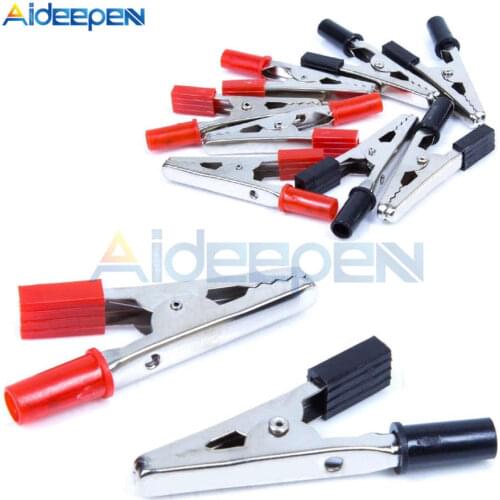 10pcs Insulated Crocodile Clips Plastic Handle Cable Lead Testing Metal Alligator Clips Clamps 52mm Length Red and Black Pair