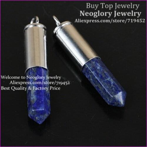 10pcs Nature Lapis Lazuli Gems Point Bullet Pendant Hexagon Quartz Druzy Pendant Real Silver Plated Casing Pendant