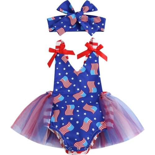 2Pcs Baby Independence Day Outfit, Star Flag Print V-Neck Sleeveless Romper Skirt + Hairband for Toddler Girls, 6-24 Months